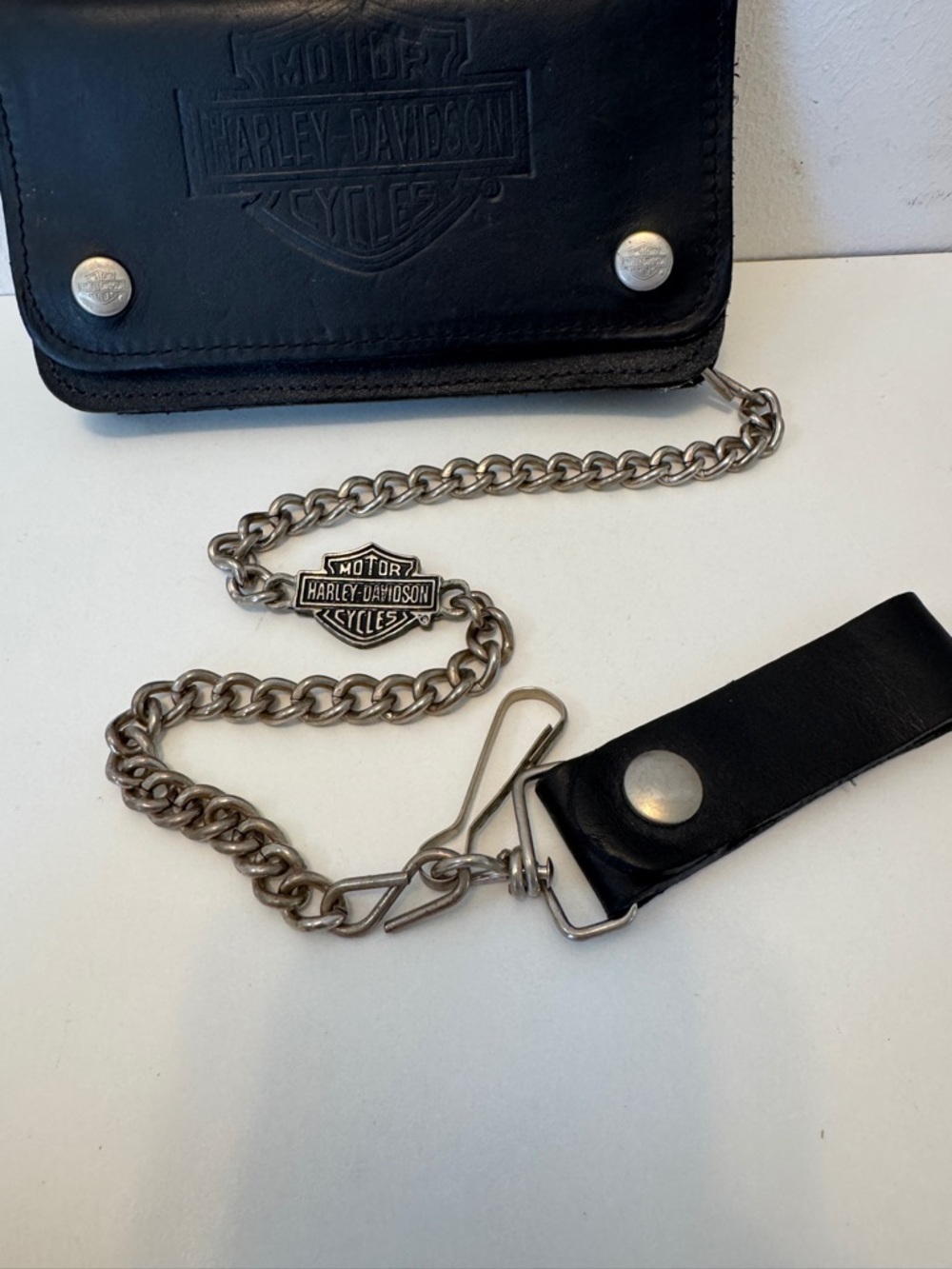 Harley-Davidson Black Leather Chain Wallet Biker Trifold Logo Embossed - Picture 7 of 16
